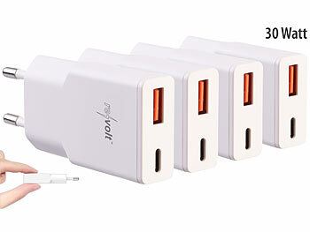 GAN Netzteil: revolt 4er-Set Ultrakompakte USB-A/C-Netzteile, Power Delivery 30 Watt, weiß 