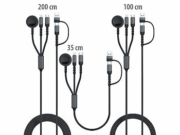 AllInOne USB Ladekabel: Callstel 3er-Set 6in1-Octopus-Ladekabel Apple Watch/iPhone, 35cm, 100cm, 200cm