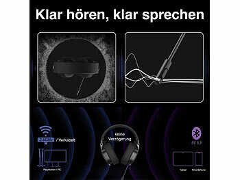 auvisio Klappbares 3in1-Funk-Gaming-Headset, 2,4 GHz, BT 5.3, 10 Std. Akku