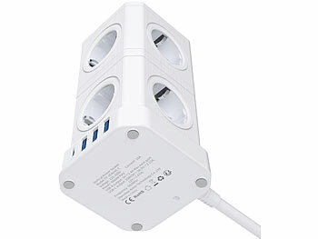 revolt 13in1-Steckdosen-Turm, 9 Steckdosen, 3x USB-A, USB-C, PD 20 W, weiß