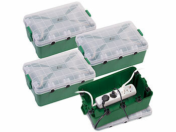 Steckdosenbox mit Deckel: AGT 4er-Set Extra-große Kabelboxen, 7 Öffnungen, 32x22x13 cm, IP54, grün 