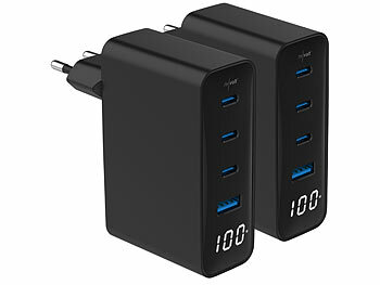 USBLadegeräte: revolt 2er-Set 4-Port-USB-Netzteile, Display, 3x USB-C PD 100W, USB-A QC 30W