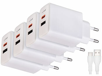 USB-Stecker-Ladegerät: revolt 4er-Set 2-Port-USB-Netzteile, USB-C PD 65 W, USB-A QC 18 W, GaN 