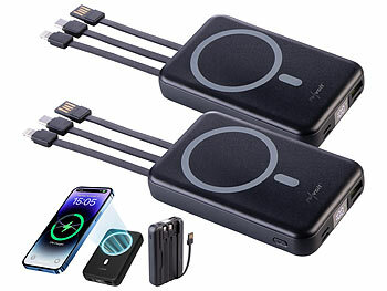 Powerbank kabellos: revolt 2er-Set Magnet-Powerbank 10.000 mAh, für Qi & MagSafe, PD, QC, 22,5 W 