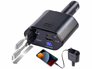 Netzteil: revolt 4in1-Kfz-USB-Ladegerät, USB-C/A, USB-C- & Lightning-komp. Kabel, 66 W 