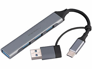 4-fach-USB-Hub: PEARL USB-C-4-Port-Hub mit 1x USB 3.0 und 3x USB 2.0, Adapter USB-C auf -A