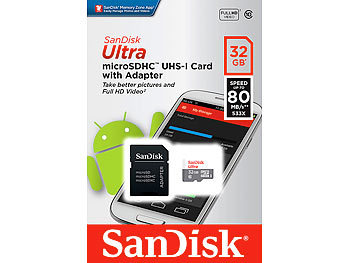 SanDisk Ultra microSDHC, 32 GB, 80 MB/s, Class 10, UHS-I, mit Adapter