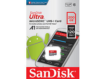 SanDisk Ultra microSDXC, 200 GB, 120 MB/s, Class 10, U1, A1, mit Adapter