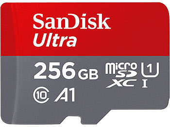 Ultra microSD: SanDisk Ultra microSDXC, 256 GB, 120 MB/s, Class 10, U1, A1, mit Adapter