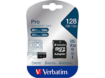 U3 Micro SD Karte: Verbatim PRO microSDXC-Karte, 128 GB, U3 / UHS-I, bis zu 90 MB/s