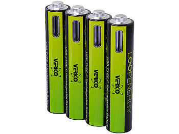 Batterien mit USB: Verico 4er-Set LoopEnergy Li-Ion-Akkus AAA / Micro mit USB-C, 600 mAh,1,5V