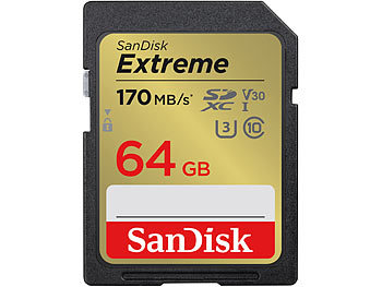 SD-Speicherkarte UHS U1: SanDisk Extreme SDXC-Karte (SDSDXV2-064G-GNCIN), 64 GB, 170 MB/s, U1 / V30