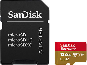 microSD U3: SanDisk Extreme microSDXC (SDSQXAA-128G-GN6MA), 128 GB, 190 MB/s, U3 / A2