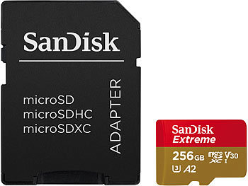 microSD: SanDisk Extreme microSDXC (SDSQXAV-256G-GN6MA), 256 GB, 190 MB/s, U3 / A2
