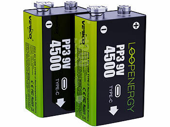 Battery: Verico 2er-Set Li-Ion-Akkus Typ 9-V-Block mit USB-C, 500 mAh / 4.500 mWh
