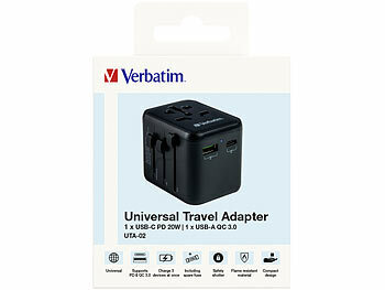 Verbatim Universal-Reise-Stromadapter, 100 - 250 V, mit USB-C PD 20 W, USB-A QC