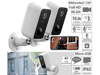 Camera: VisorTech 2er-Set Outdoor-IP-Überwachungskamera, Full HD, WLAN & App, Akku, IP65