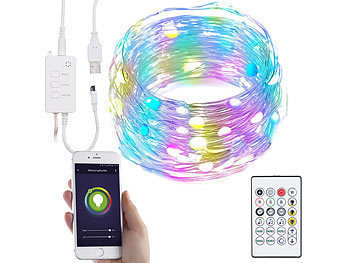 Luminea Home Control 4er RGB-LED-Lichterdraht mit Musik-Steueurung, WLAN und App, USB, 5 m