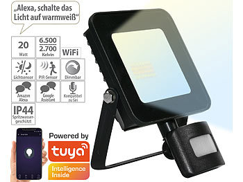Strahler LED: Luminea Home Control WLAN-Fluter, CCT-LEDs, App, Sprachsteuerung, PIR, 1.600 lm, 20 W, IP44