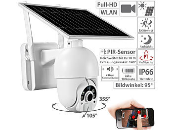 Solar Überwachungskamera: 7links Pan-Tilt-Überwachungskamera mit Full HD, WLAN, Akku, Solarpanel, IP66