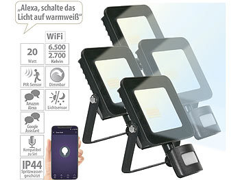 LED-Scheinwerfer WiFi: Luminea Home Control 4er-Set WLAN-Fluter, CCT-LEDs, App, PIR, 1.600 lm, 20 W, IP44