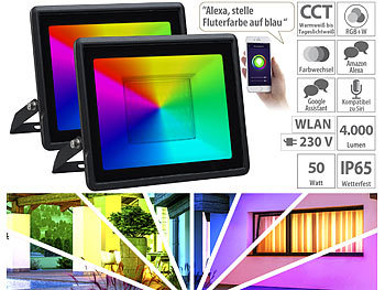 Wetterfester LED-Fluter: Luminea Home Control 2er-Set WLAN-Fluter, RGB-CCT-LEDs, App, 3.750 lm, 50 W, IP65