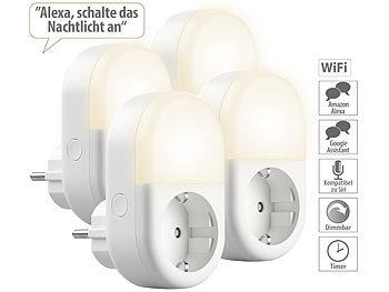 Nachtlicht mit Timer: Luminea Home Control 4er-Set WLAN-Steckdose mit LED-Nachtlicht, App & Sprachsteuerung, 16 A