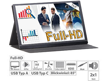 Externer Monitor: auvisio Mobiler Full-HD-IPS-Monitor, 39,6 cm (15.6"),  USB Typ C, HDMI
