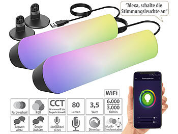 Lichtsäule: Luminea Home Control 2er-Set WLAN-USB-Stimmungsleuchte mit RGB+CCT-LEDs, App, 80 lm, 3,5 W