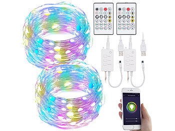 Luminea Home Control 2er RGB-LED-Lichterdraht mit Musik-Steueurung, WLAN und App, USB, 5 m