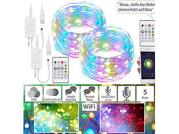 Lichterkette LED: Luminea Home Control 2er RGB-LED-Lichterdraht mit Musik-Steueurung, WLAN und App, USB, 5 m