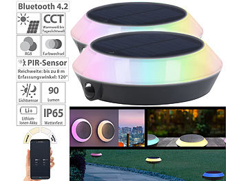 Solar Lichter Garten: Lunartec 2er-Set Solar-Outdoor-Leuchte, RGB-CCT-LEDs, PIR, Bluetooth, App, 90lm