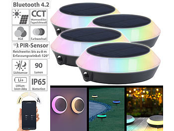 Solargartenleuchte: Lunartec 4er-Set Solar-Outdoor-Leuchte, RGB-CCT-LEDs, PIR, Bluetooth, App, 90lm