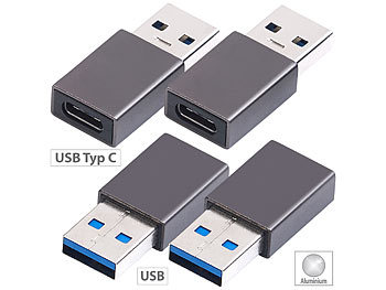 USB Kupplung: PEARL 4er-Set Adapter USB-Typ-A-Stecker auf USB-C-Buchse, Aluminiumgehäuse