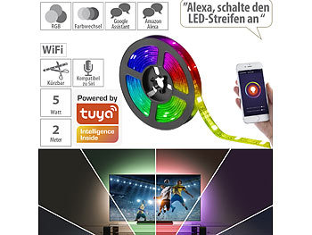 Lichterkette: Luminea Home Control USB-RGB-LED-Streifen mit WLAN, App und Sprachsteuerung, 2 m