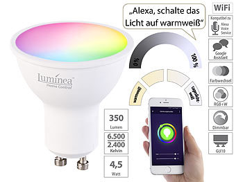 Luminea Home Control 10er-Set WLAN-LED-Spots, GU10, RGB-CCT 4,5Watt, 326 lm, 45°, App