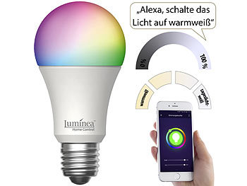 Luminea Home Control 4er-Set WLAN-LED-Lampen, E27, RGB-CCT, 11W(ersetzt 120W), 1.055lm, App