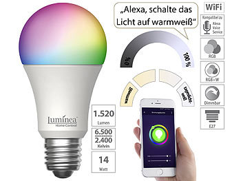 E27 WLAN Leuchtmittel: Luminea Home Control WLAN-LED-Lampe, E27, RGB-CCT, 14 W (ersetzt 150 W), 1.520 lm, App