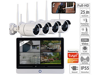 Überwachungssysteme: VisorTech Funk-Überwachungssystem mit Display, HDD-Rekorder, 4 IP-Kameras & App