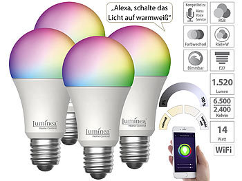 Luminea Home Control WLAN-LED-Lampen E27 RGBW: 4er-Set WLAN-LED-Lampen, E27,  RGB-CCT, 14W(ersetzt 150W), 1.520lm, App (WLAN Glühbirne E27)