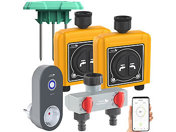 Royal Gardineer WLAN-Bewässerungscomputer, 4 Ventile, 2-fach-Wasserverteiler, Sensor