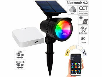 Solarspot mit Bluetooth: Lunartec RGB-CCT-LED-Spot mit Bluetooth, 50 lm, 1 W, IP44 inkl. Gateway
