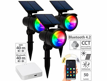 LED Solar Spotlight: Lunartec 3er-Set RGB-CCT-LED-Spot mit Bluetooth, 50 lm, 1 W, IP44 inkl. Gateway