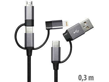 Callstel 2er 6in1-Schnelllade- & Datenkabel USB-A/C zu USB-C/MicroUSB, 3A, 0,3m