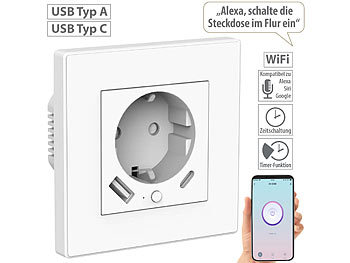 Steckdose WLAN: Luminea Home Control 2in1-WLAN-Unterputzsteckdose mit USB-C- und USB-A-Netzteil, 2 A, App
