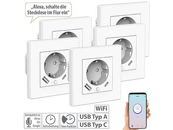 Steckdose USB C: Luminea Home Control 5er-Set WLAN-Unterputzsteckdosen mit App, je 1x USB A, 1x USB C, 2 A