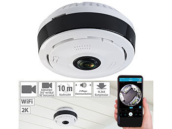 runde Überwachungskamera: 7links 360°-Panorama-Überwachungskamera mit 2K, Nachtsicht, WLAN & App