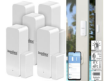 Elesion TUYA Smarthomes Smart Living TUYA Smart Sprachsteuerungen Alexas Google Assistants: Luminea Home Control 5er-Set ZigBee-Tür- & Fensteralarm, für Alexa, GA und Siri, App