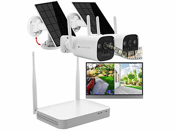 Solarbetriebene Kamera: VisorTech 2K-Festplatten-Überwachungsrekorder + 2 Solar-Akku-Kameras, HDMI, App 