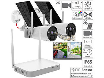 Funkkamera: VisorTech 2K-Festplatten-Überwachungsrekorder + 2 Solar-Akku-Kameras, HDMI, App